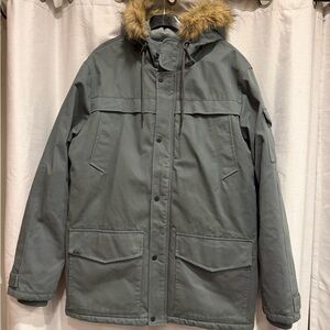 Quiksilver Men's Gray Puffer Jacket with Faux Fur Hood